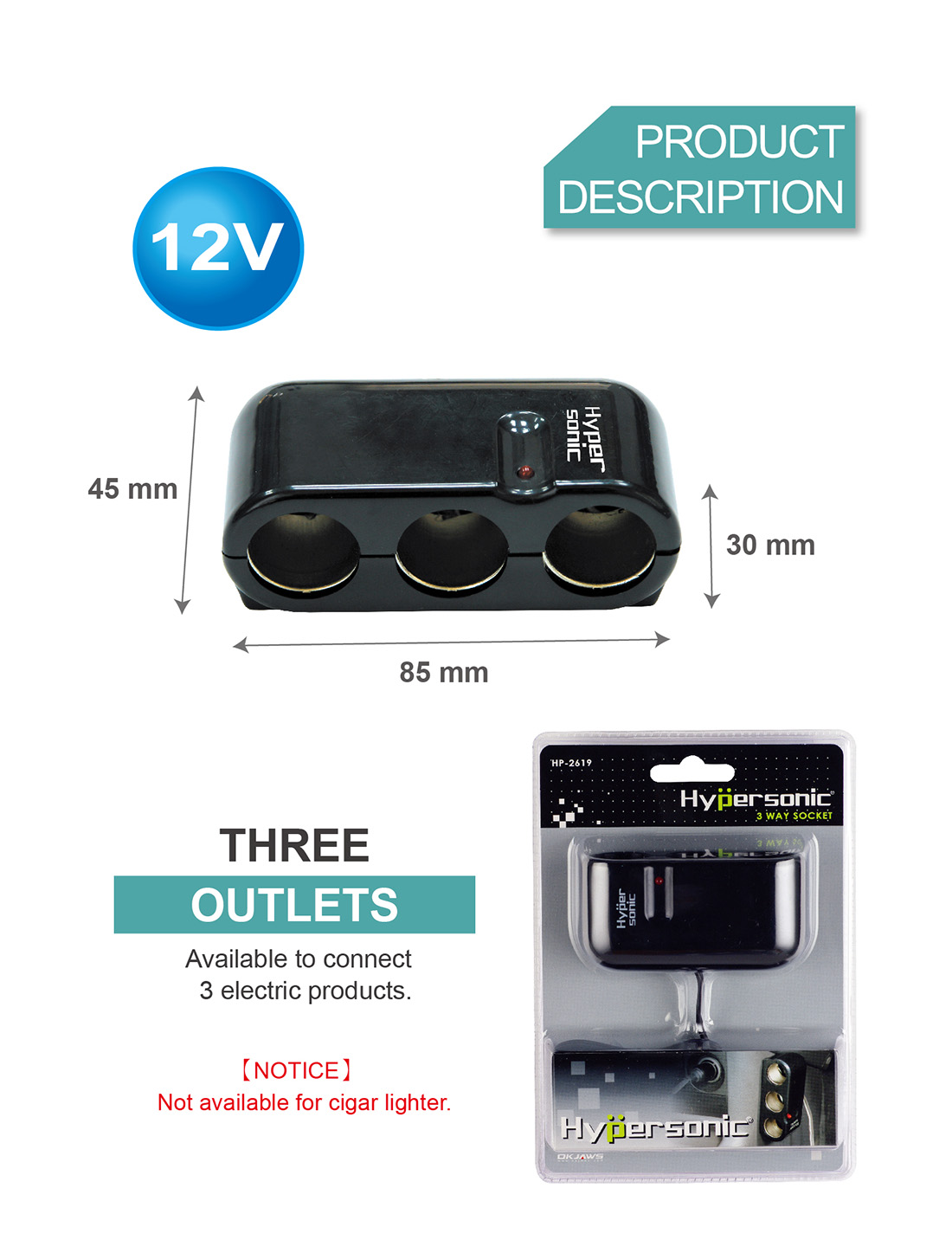 Car 3 Port Socket Charger HP2619